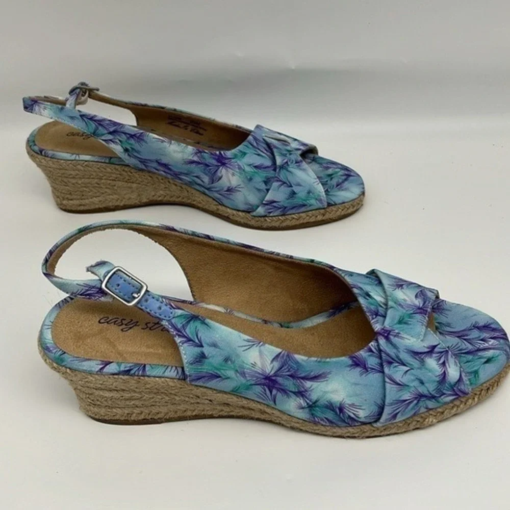 Easy Street‎ Devlin Espadrille Wedge Sandals Blue Purple Tropical Slingback 9.5